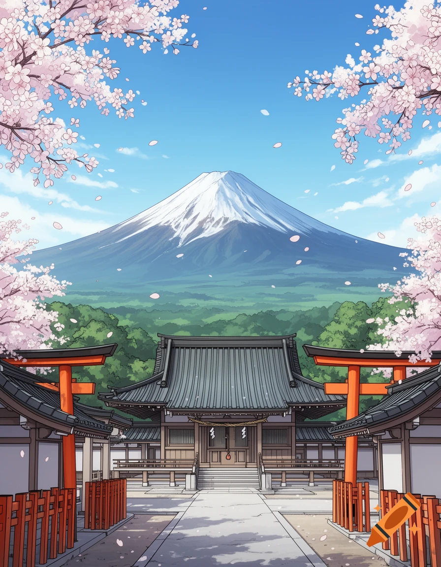 An anime-style illustration of a Japanese shrine with red torii gates and cherry blossoms, with Mount Fuji in the background.