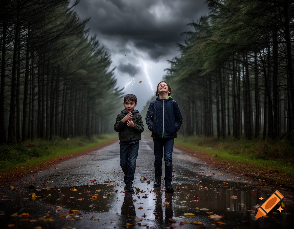 Two boys walk on a wet road in a dark forest during a lightning storm, one scared, one happy.