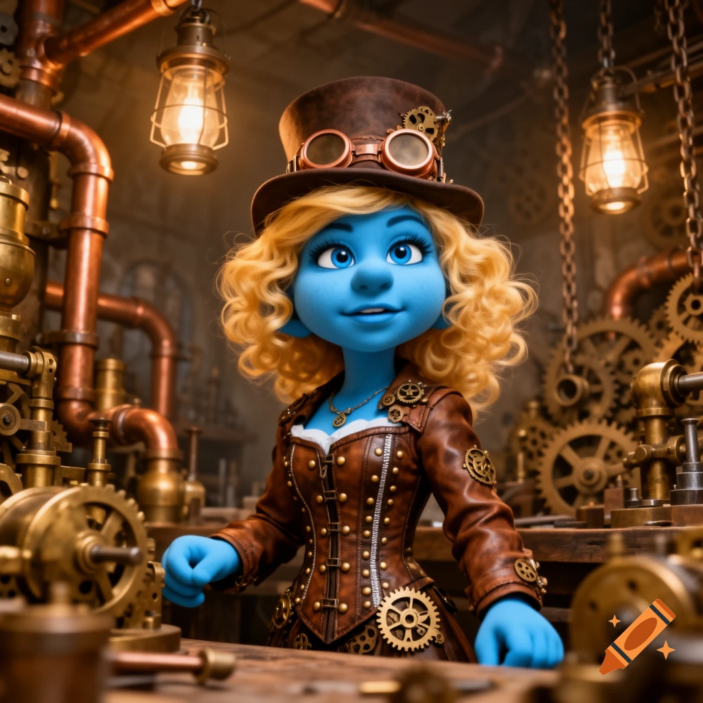 A blue-skinned Smurfette character with blonde hair wears a steampunk hat, goggles, and leather outfit, surrounded by brass gears and pipes in a workshop.
