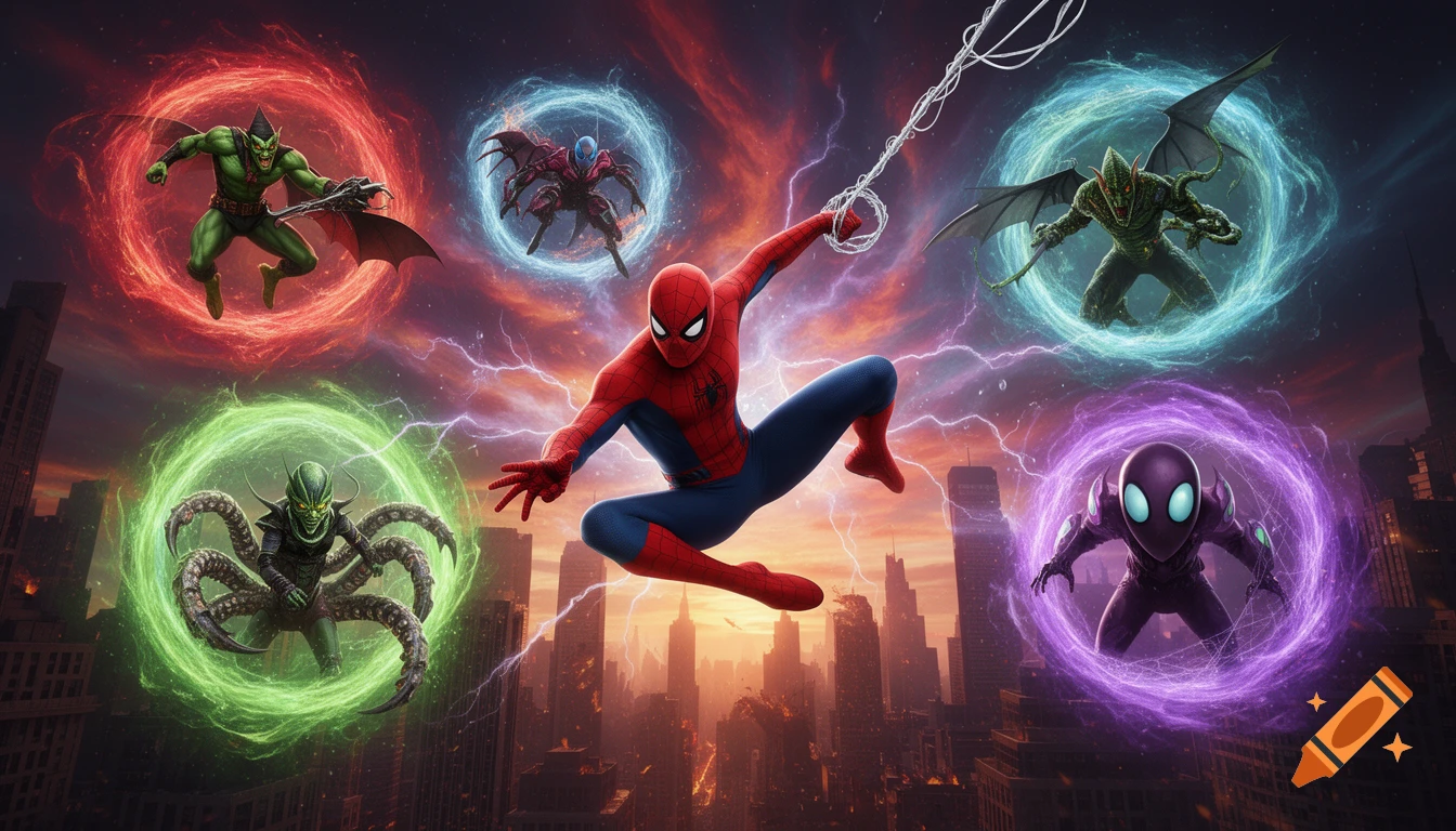 Spider-Man leaps heroically, surrounded by five diverse villains emerging from colored energy portals against a city skyline at sunset, in a comic art style.