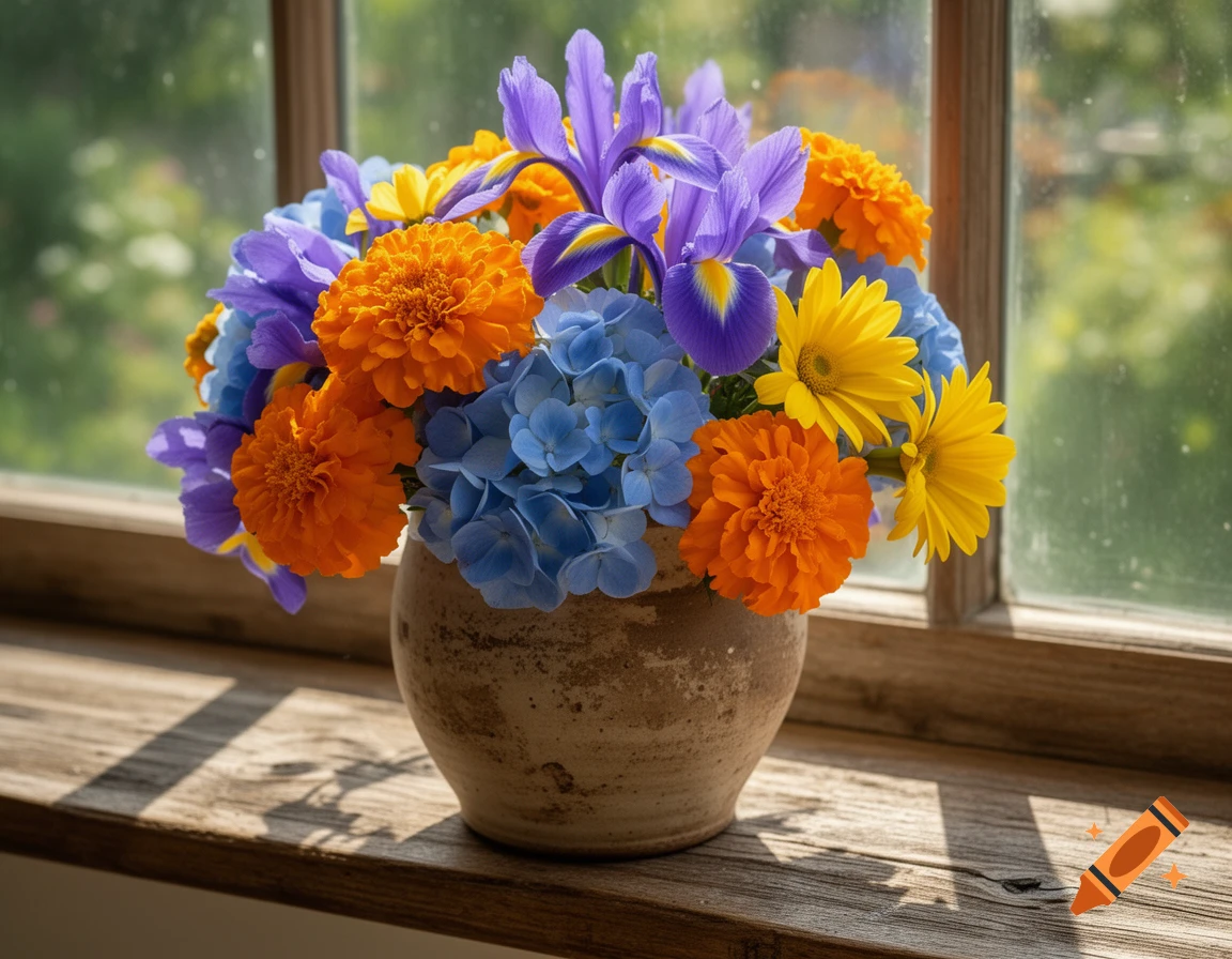 A vibrant bouquet of orange, blue, purple, and yellow flowers in a rustic vase on a wooden window sill, bathed in sunlight.