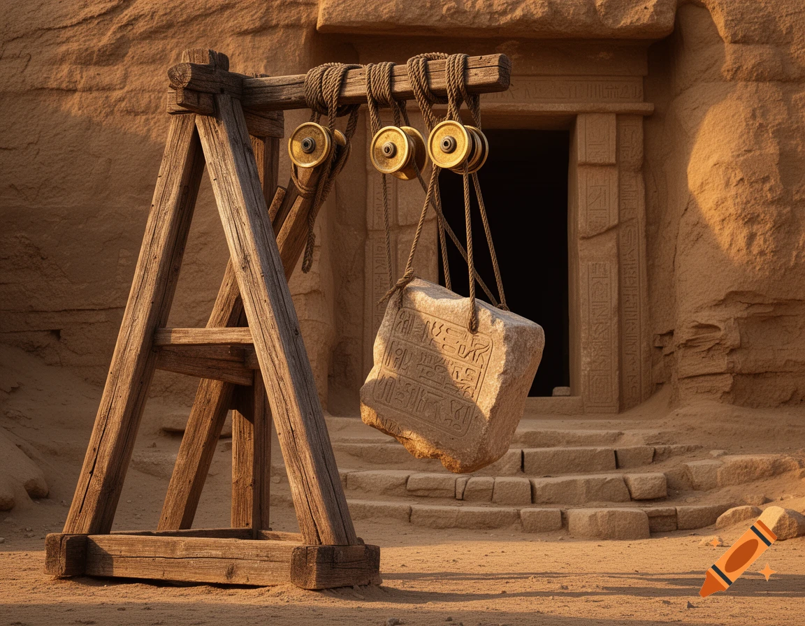 A wooden A-frame pulley system raises a hieroglyph-carved stone slab towards a tomb entrance in a sandy desert.