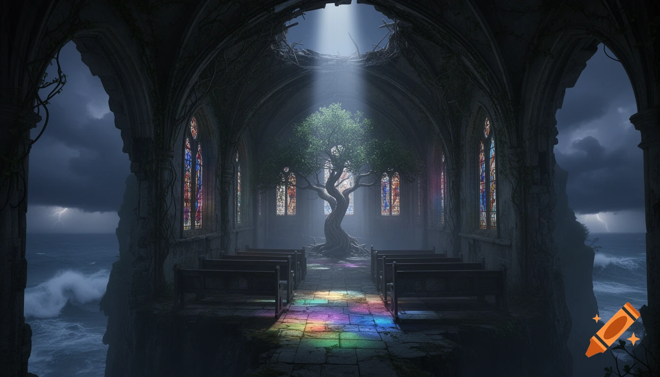 A ruined gothic church on a cliff overlooking a stormy ocean, with a large tree inside and colorful light on the floor.