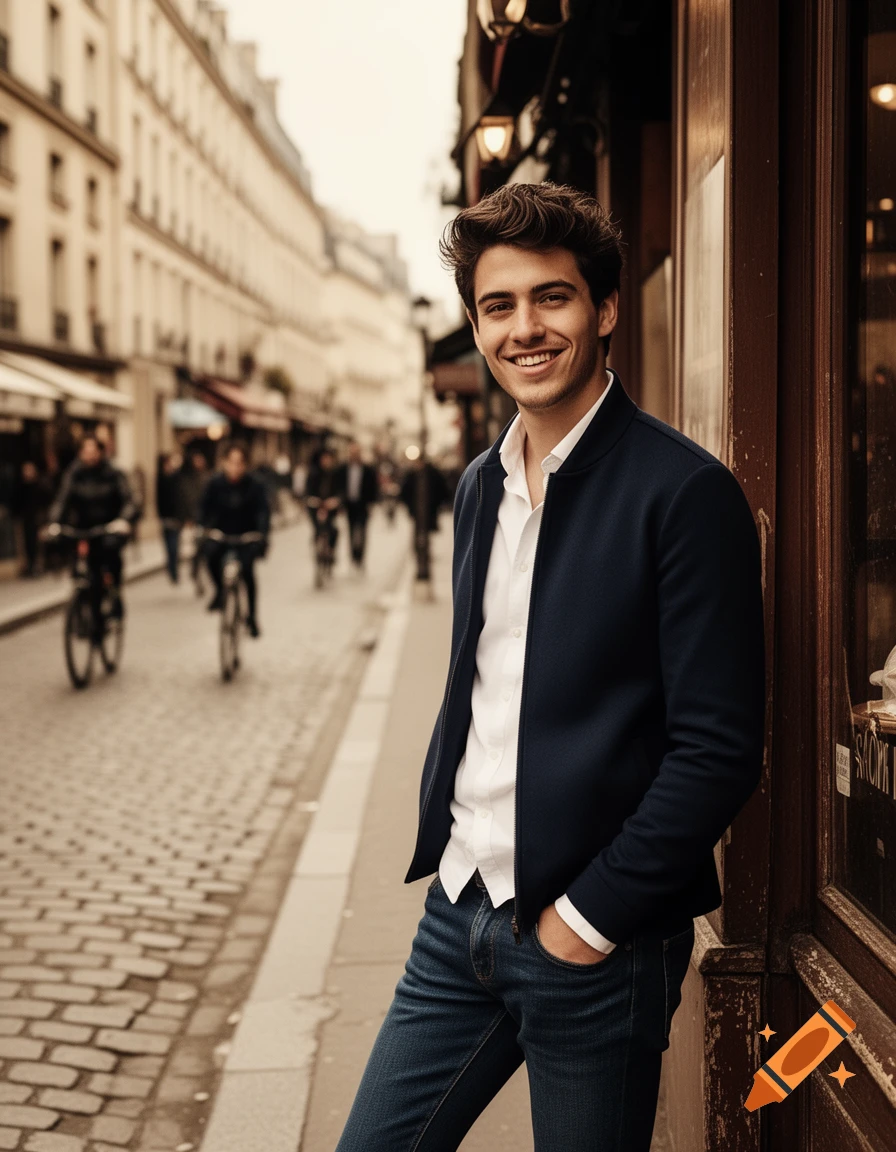 A young man with dark, curly hair smiles, leaning against a wooden storefront on a cobblestone street in a European city, wearing a navy jacket and white shirt.