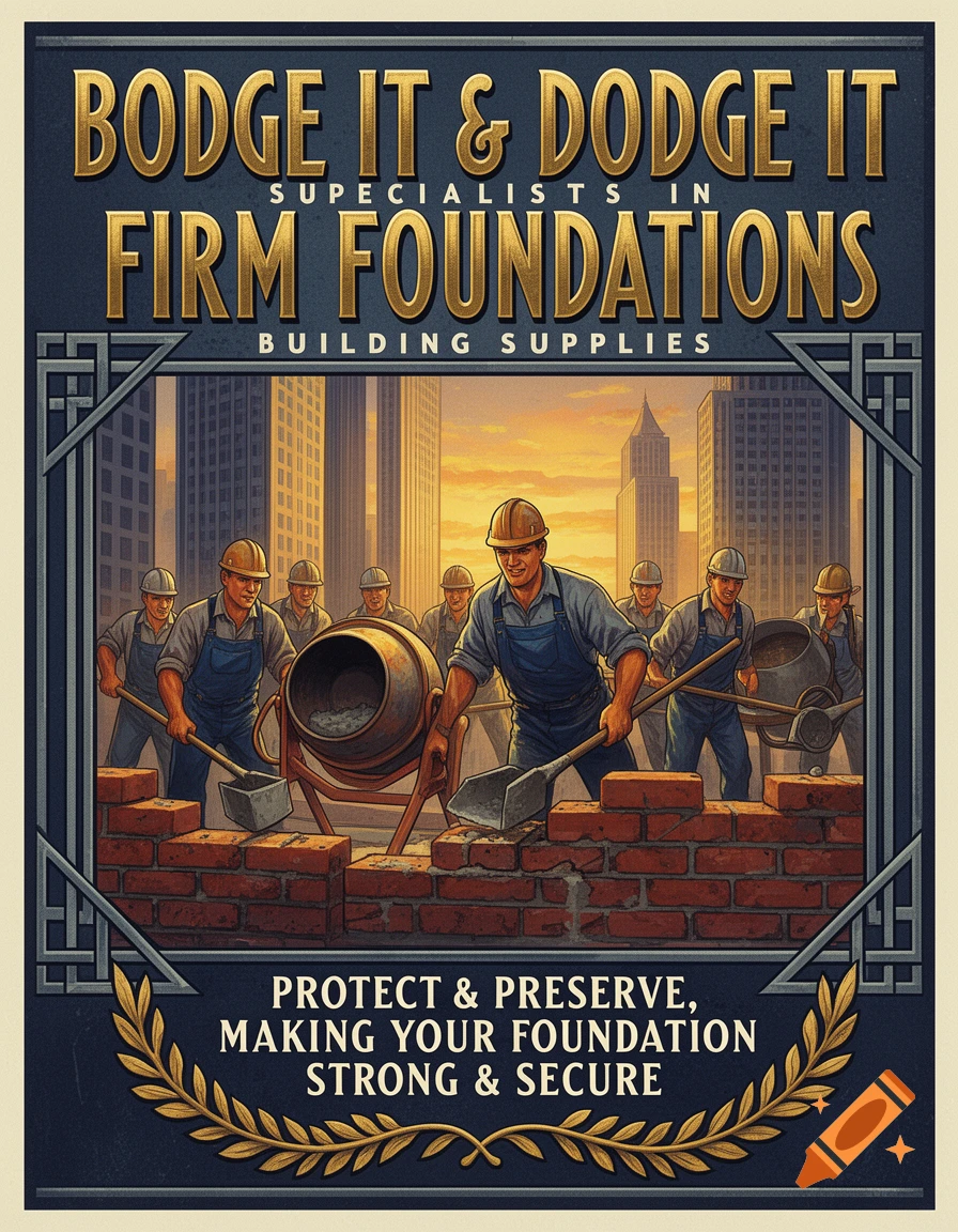 Vintage style poster for "Bodge It & Dodge It" building supplies, showing construction workers laying bricks with a cityscape backdrop at sunset.