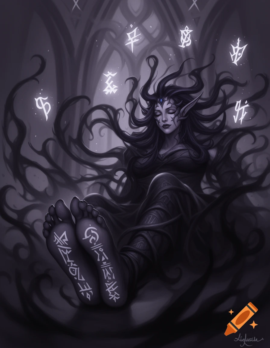 Dark fantasy illustration of Xal'atath, an elf-like woman with long dark hair, glowing runes, and tattooed feet, in a gothic setting.