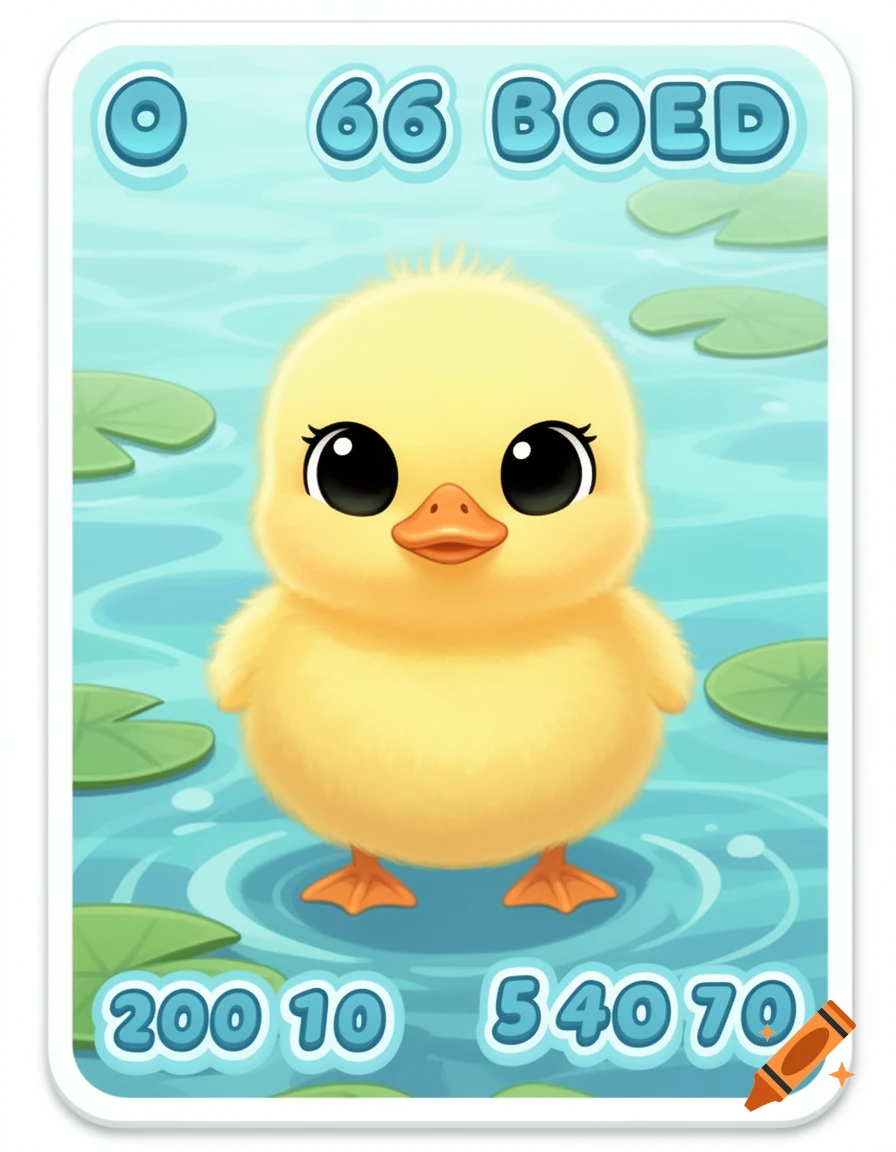 A cute, yellow cartoon duckling with big black eyes stands on a blue game card with lily pads and numeric stats.