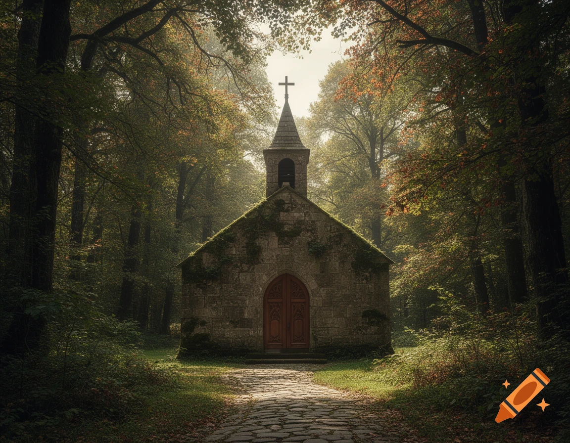 A rustic stone chapel with a bell tower and cross, nestled deep within a lush, sunlit forest, with a cobblestone path leading to its wooden doors.