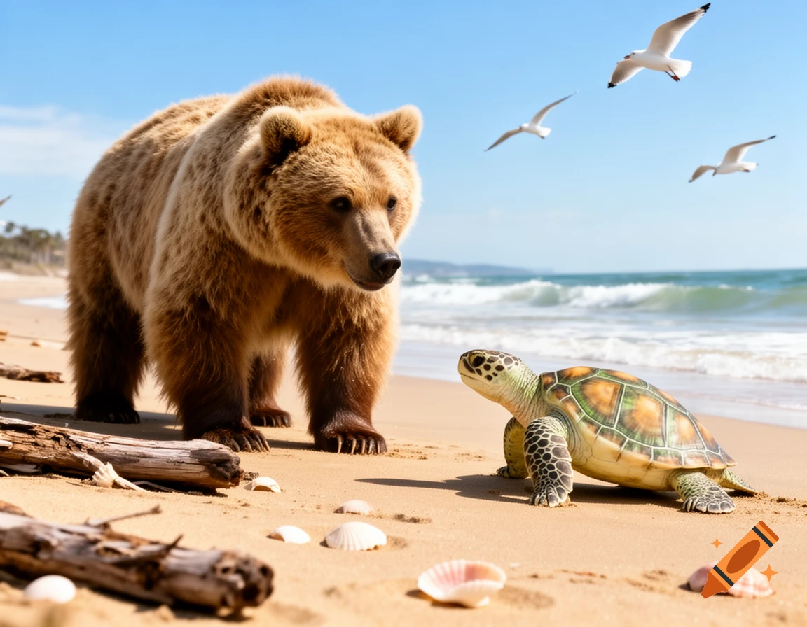 A photorealistic brown bear and a sea turtle face each other on a sunny beach with ocean waves and flying seagulls.