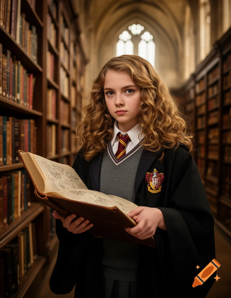 A young girl with long curly hair, dressed in a Hogwarts uniform, holds an open magical book in a grand library.