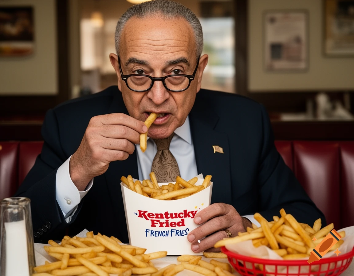 Photorealistic image of Chuck Schumer with glasses eating french fries from a labeled box in a diner.
