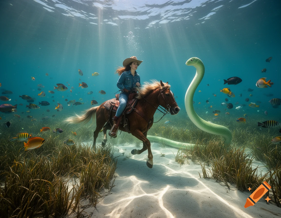 A photorealistic image of a cowgirl riding a horse underwater through seagrass, with colorful fish and a large green sea snake.