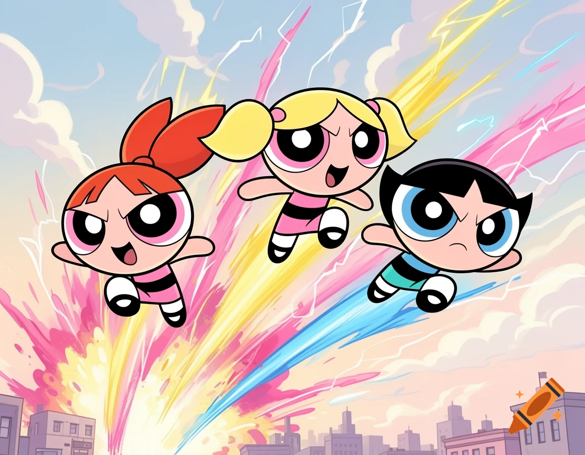 The Powerpuff Girls, Blossom, Bubbles, and Buttercup, fly over a city with vibrant energy trails in a cartoon style.