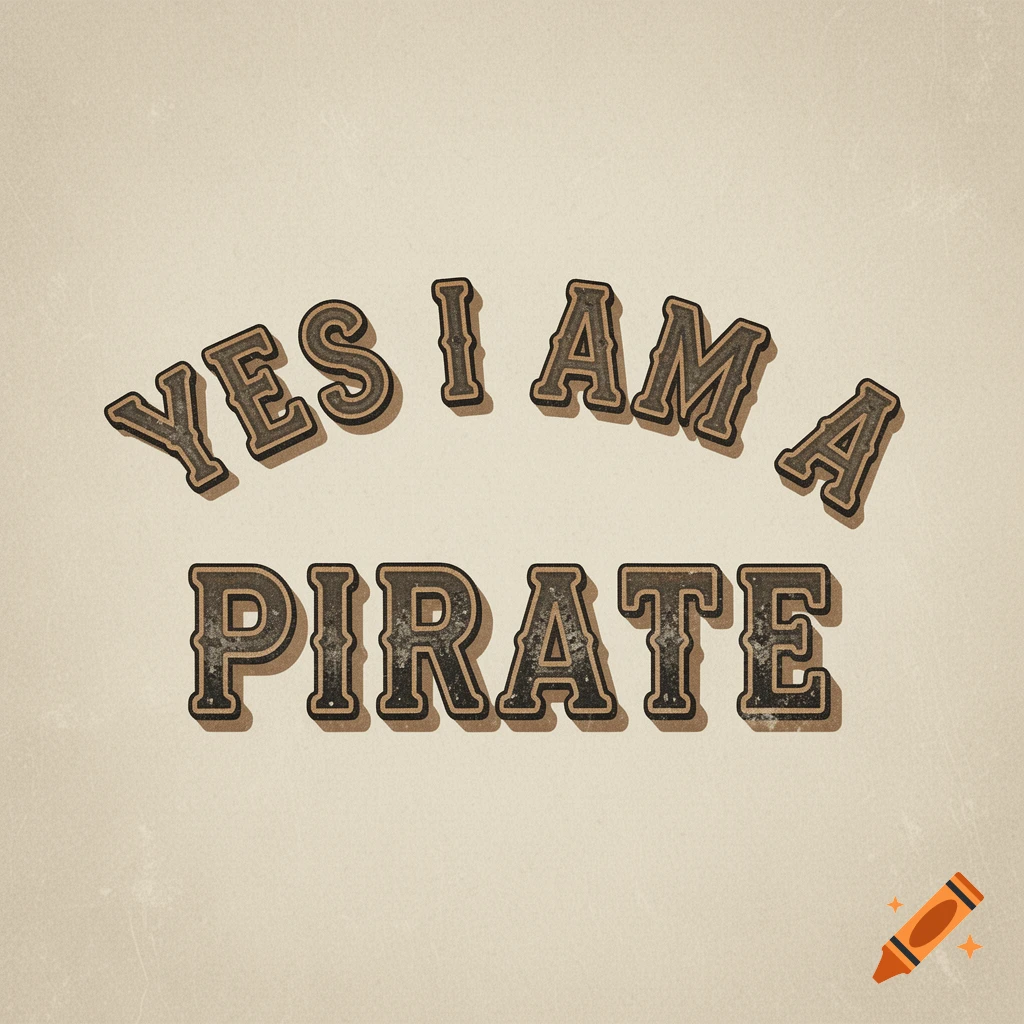 Vintage-style graphic with distressed iron-on letters saying 'YES I AM A PIRATE' on a beige background.