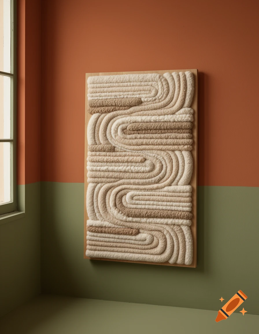 Textured wall art with wavy cream and brown tufted patterns on a terracotta and sage green wall, next to a window.