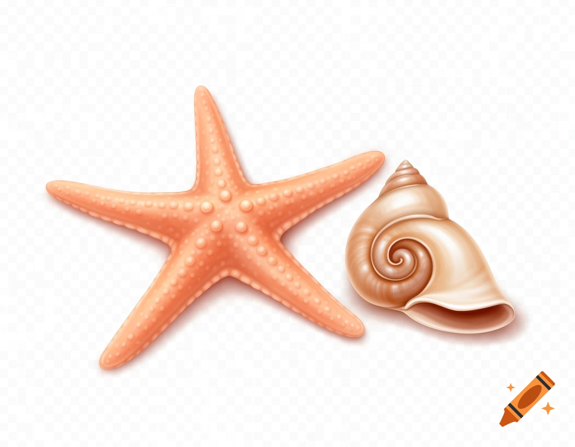 A realistic illustration of a pastel orange starfish and a beige conch shell on a transparent background.