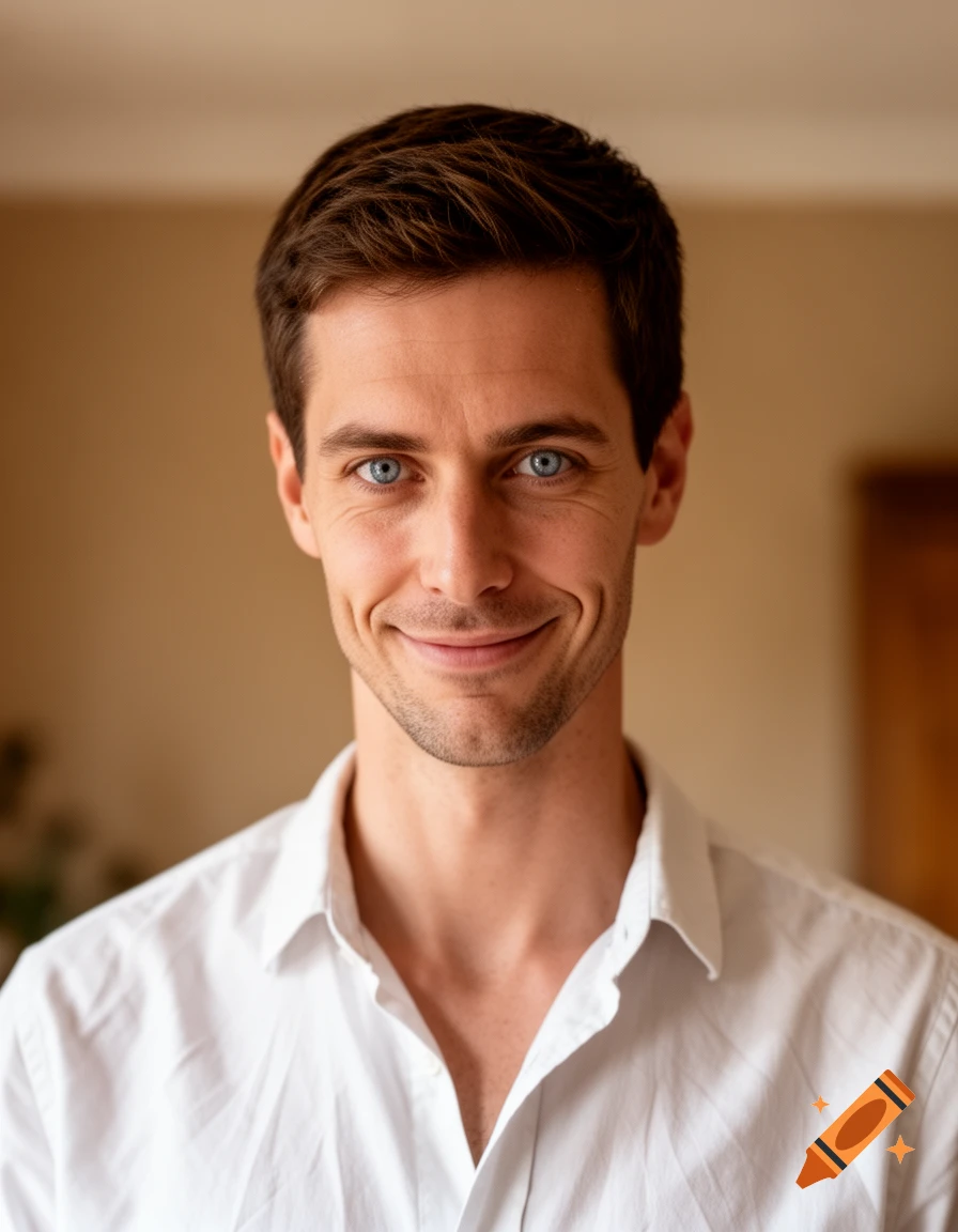 A man with striking blue eyes and a subtle, shy smile looks directly at the camera while wearing a white shirt.