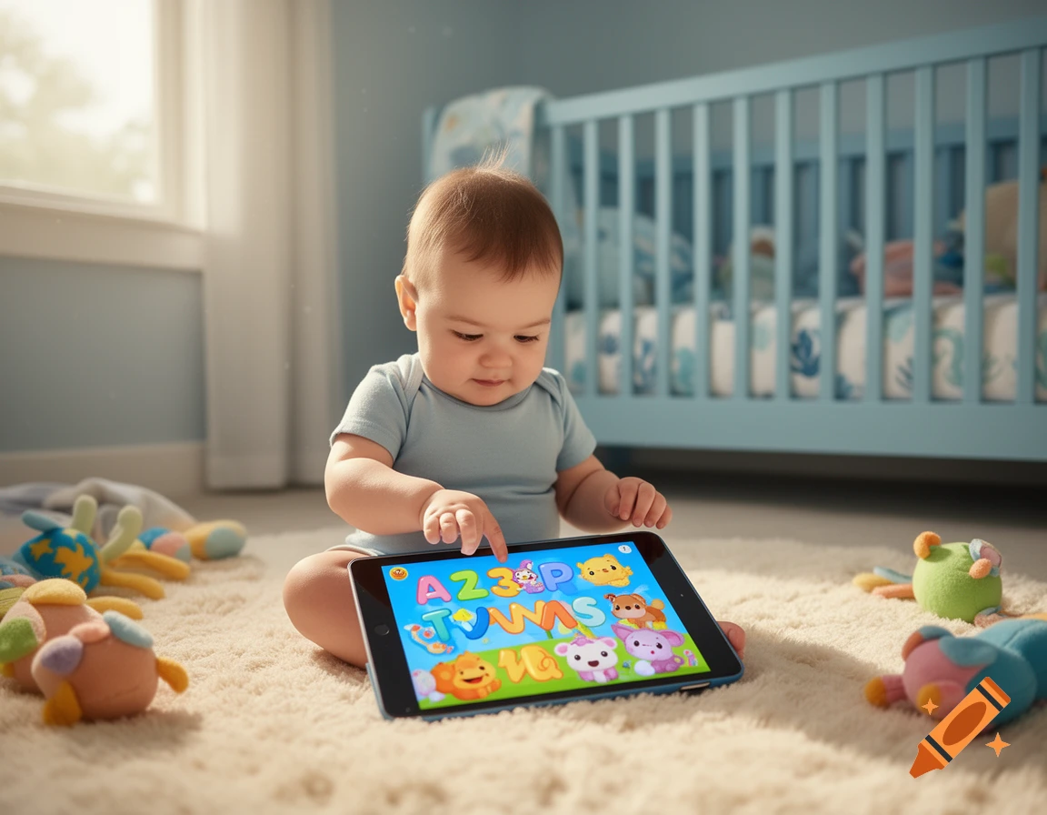 A baby sits on a rug, tapping on a tablet with an educational app displayed, surrounded by toys and a crib in a brightly lit room.