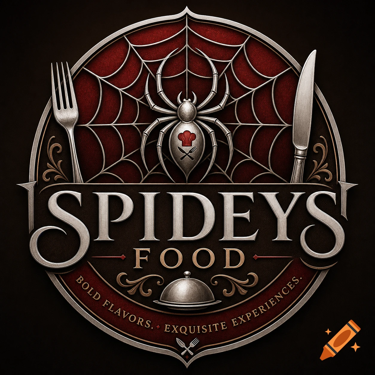 Vintage-style logo for Spidey's Food with a spider wearing a chef hat on a web, flanked by a fork and knife.
