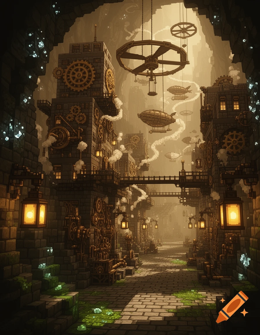 A pixel art underground steampunk city with large gears, glowing lanterns, and airships floating in the background.