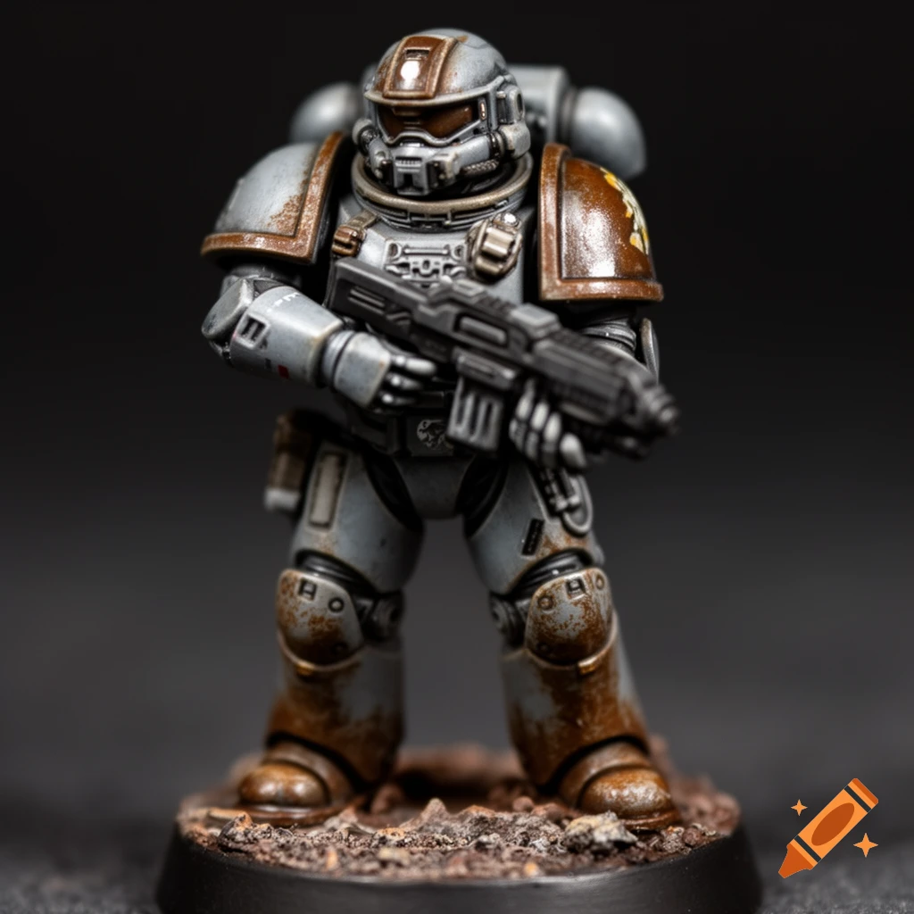 A detailed gray and brown weathered sci-fi miniature soldier holding a rifle, standing on a textured base.