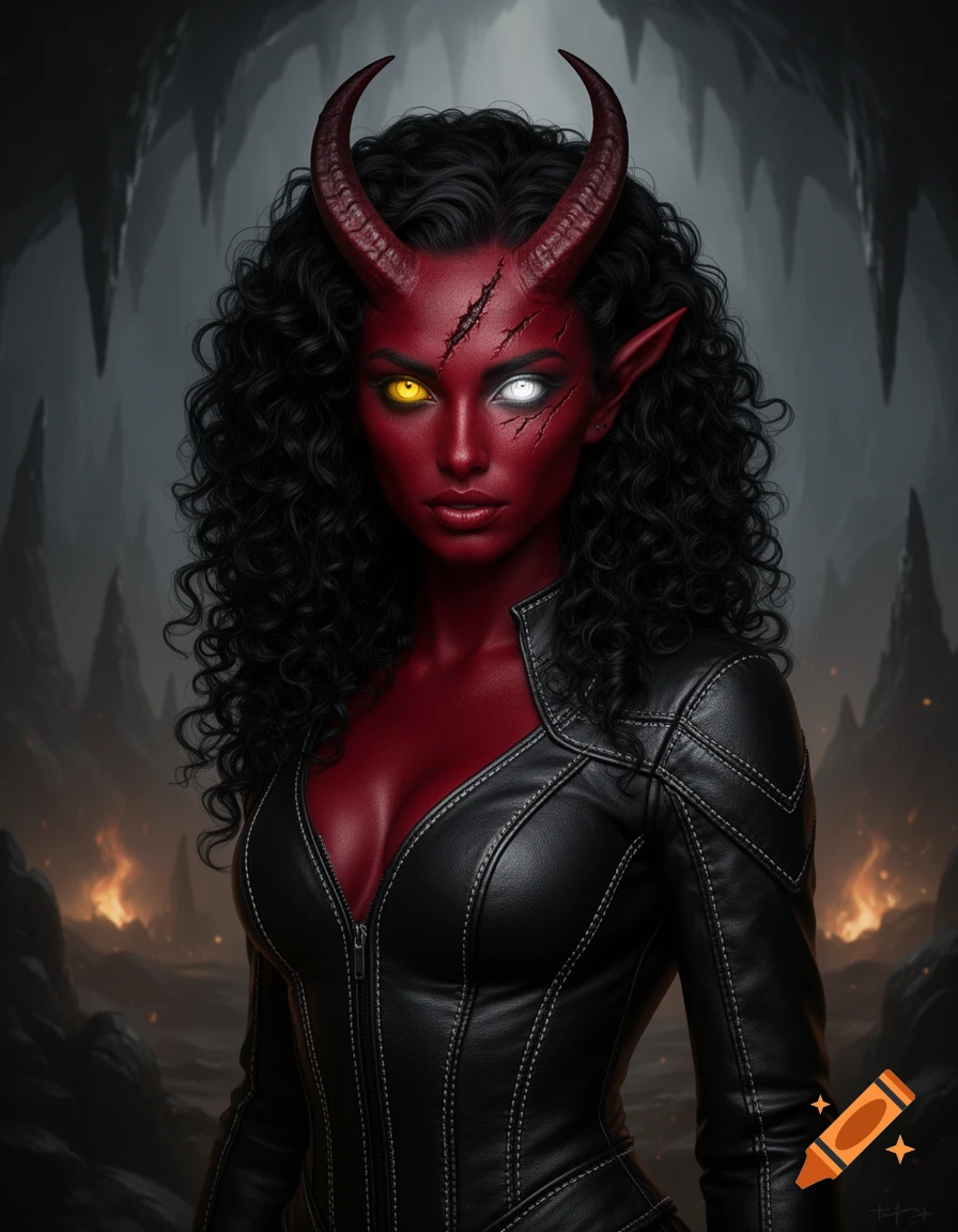 A red-skinned tiefling with horns, black curly hair, and mismatched yellow and white eyes, wearing a black leather jacket.