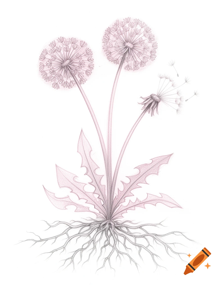 A detailed pastel pencil drawing of a dandelion plant with two seed heads, one dispersing seeds, leaves, and roots.