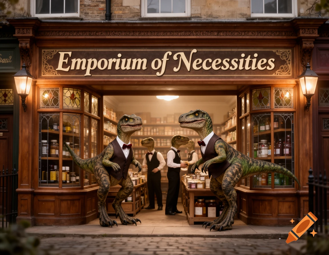 Two velociraptors in vests and bowties stand outside a Victorian-era shop with a sign "Emporium of Necessities", other raptors inside.
