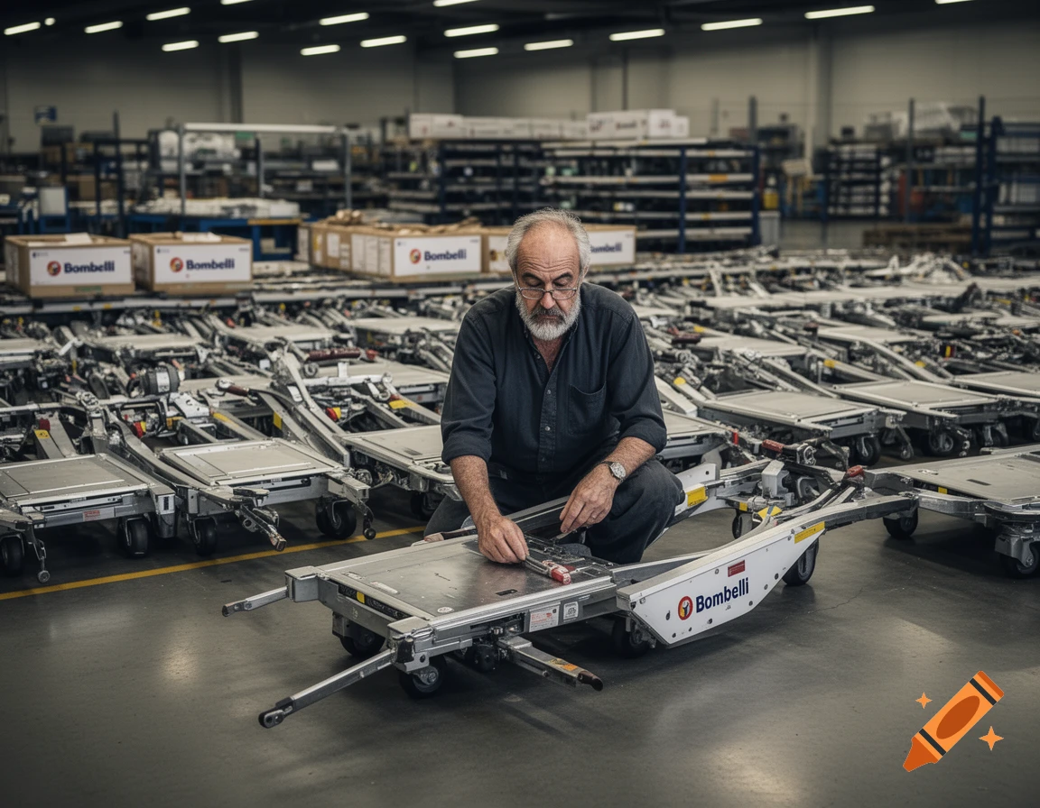 An old man with a beard and glasses crouches, assembling a Bombelli airport baggage dolly in a large warehouse filled with many similar dollies.