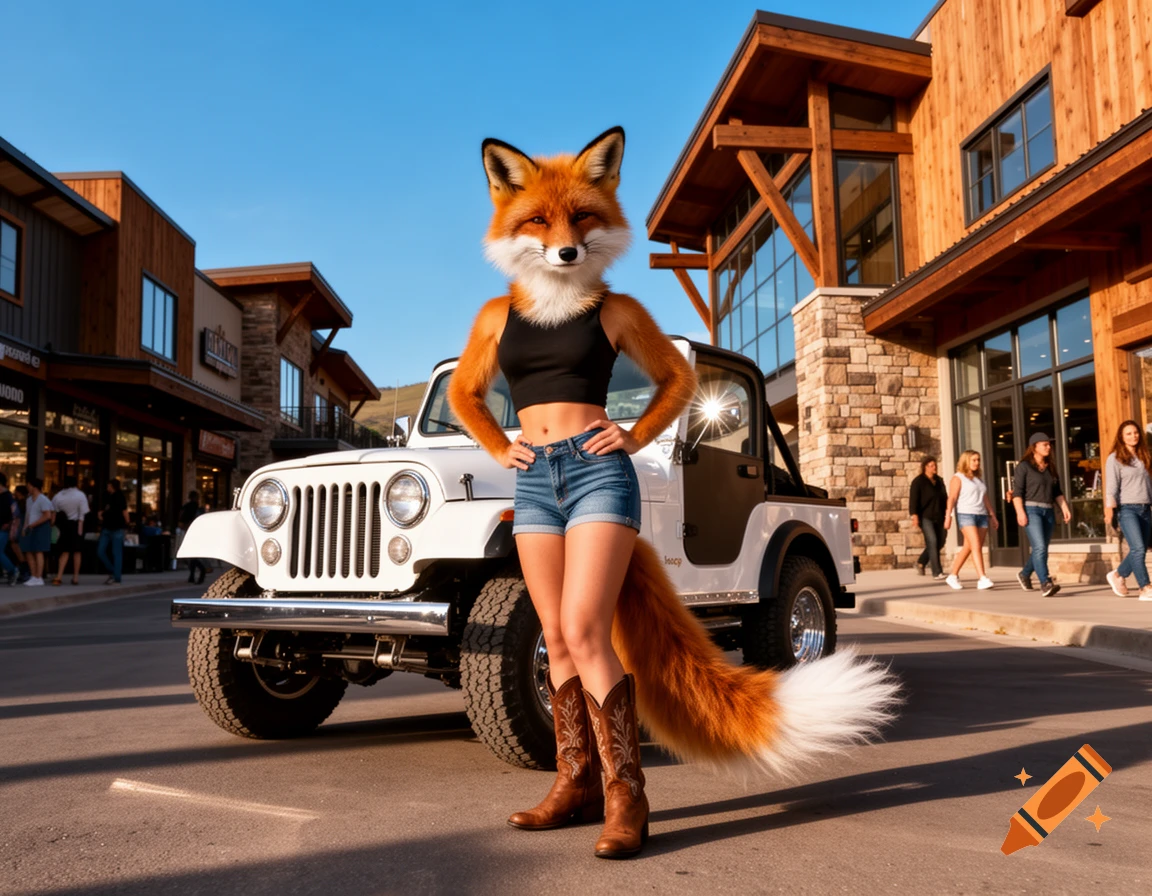 An anthropomorphic female fox in a crop top, jean shorts, and cowboy boots stands next to a white Jeep CJ-5 in a modern Western-style town.