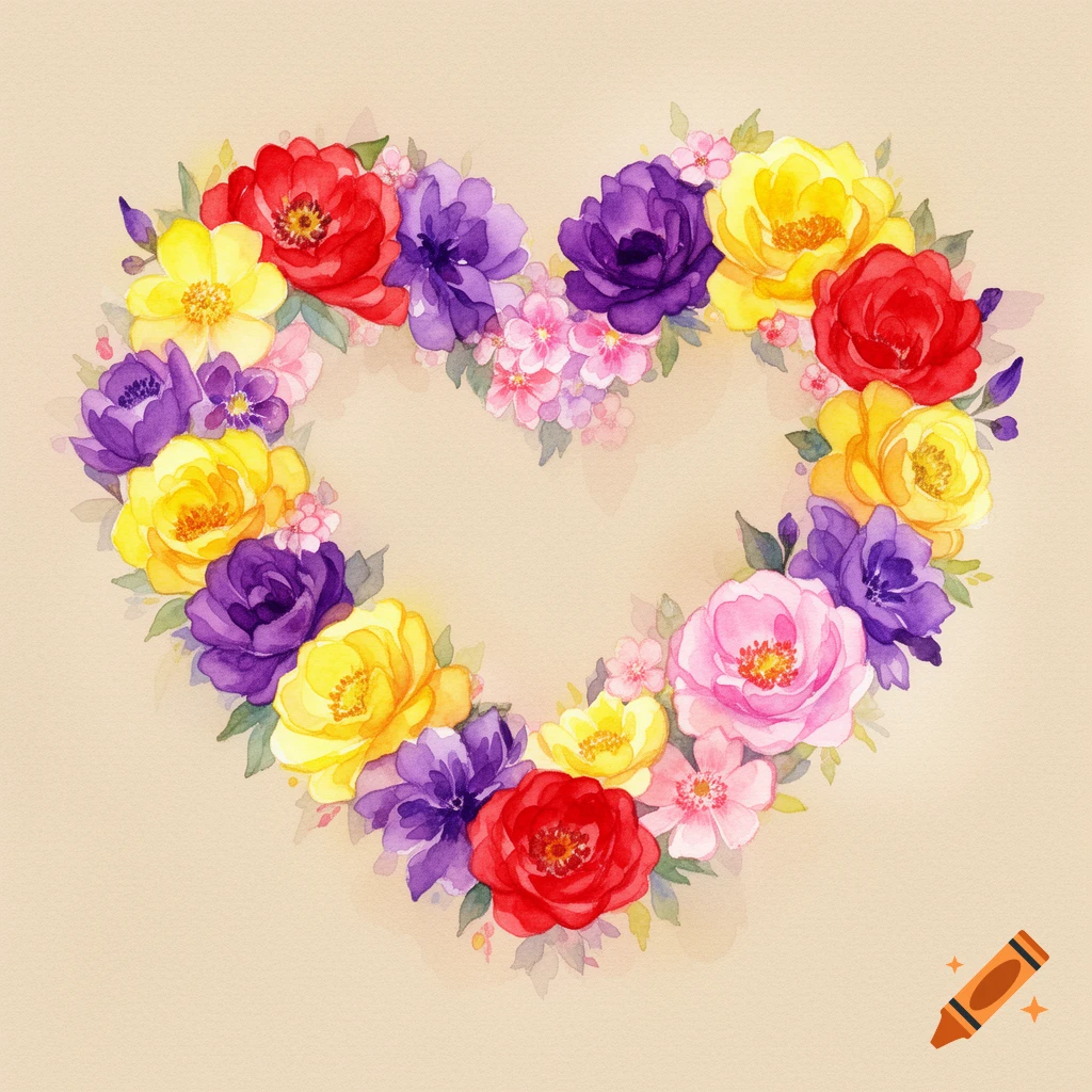 A watercolor illustration of a heart-shaped wreath made of red, yellow, and purple flowers on a light sand-colored background.