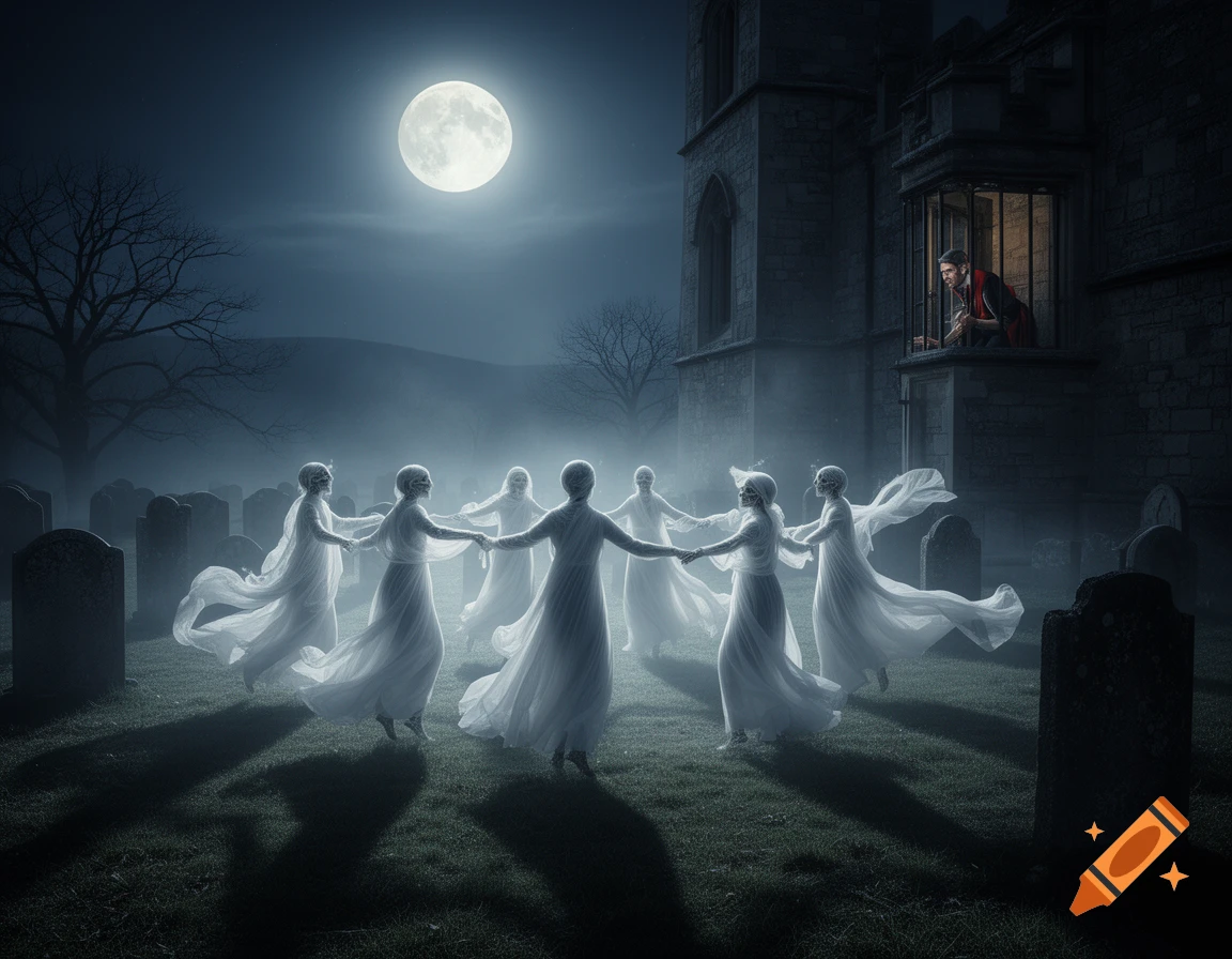Skeletal figures in white robes dance in a moonlit graveyard while a man watches from a gothic window, photorealistic.