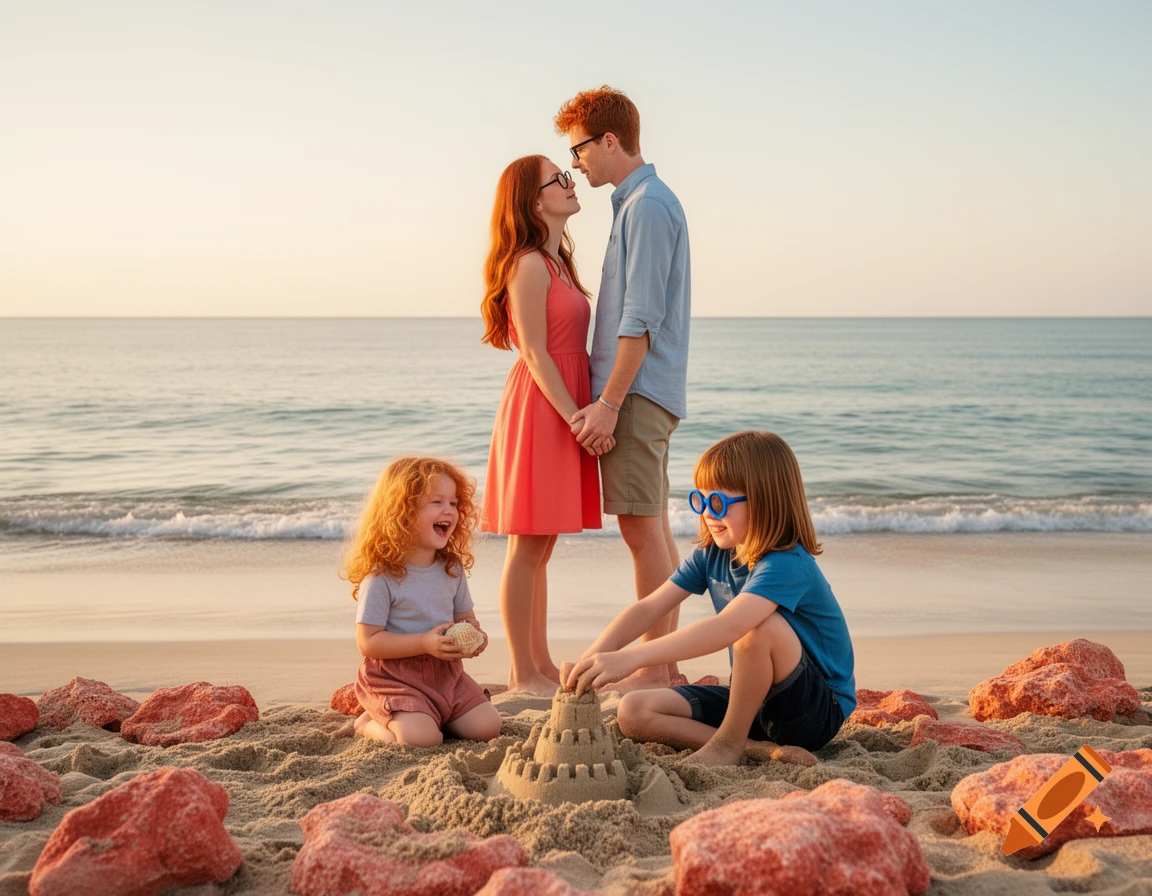 A red-haired couple holding hands on a beach at sunset, looking at each other, while their two young red-haired children play with sand and red rocks nearby.