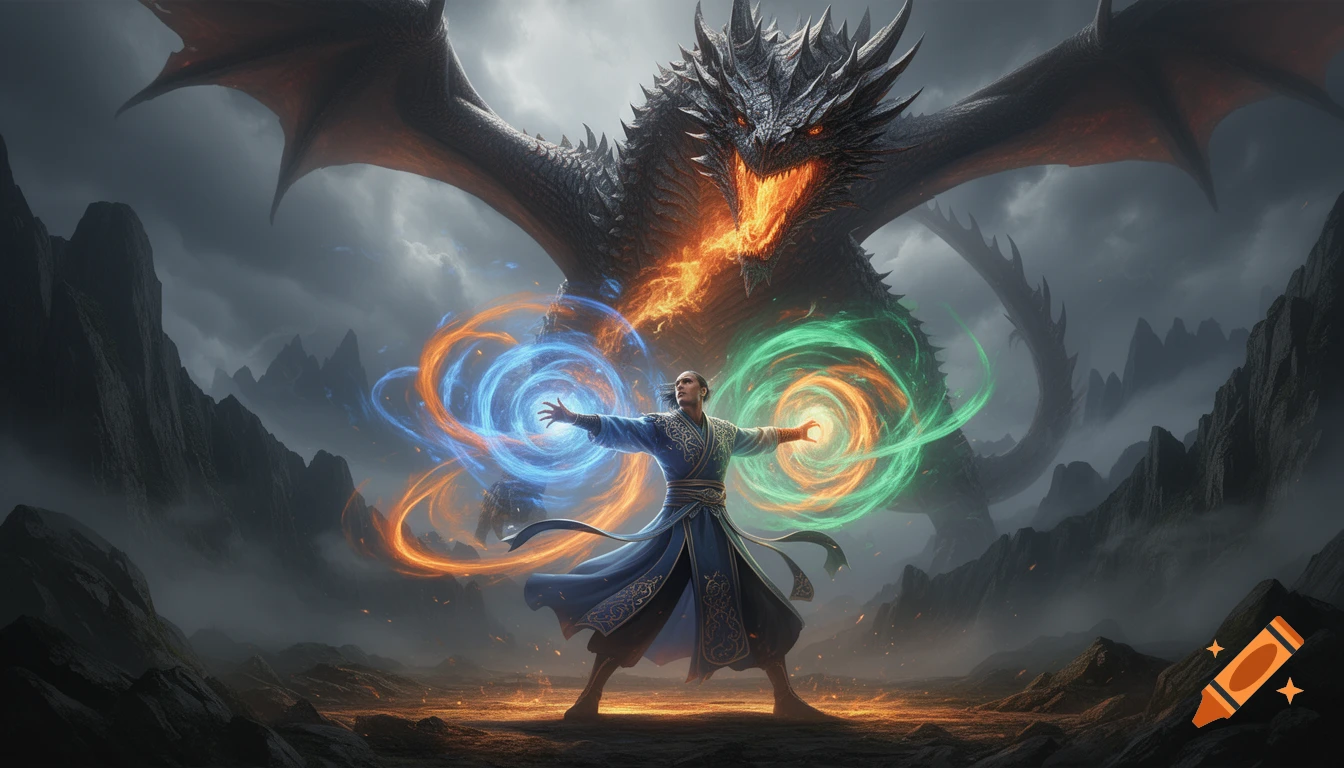An elemental master in a blue robe casts colorful magic spells with a fierce black dragon breathing fire behind him in a dark, mountainous landscape.