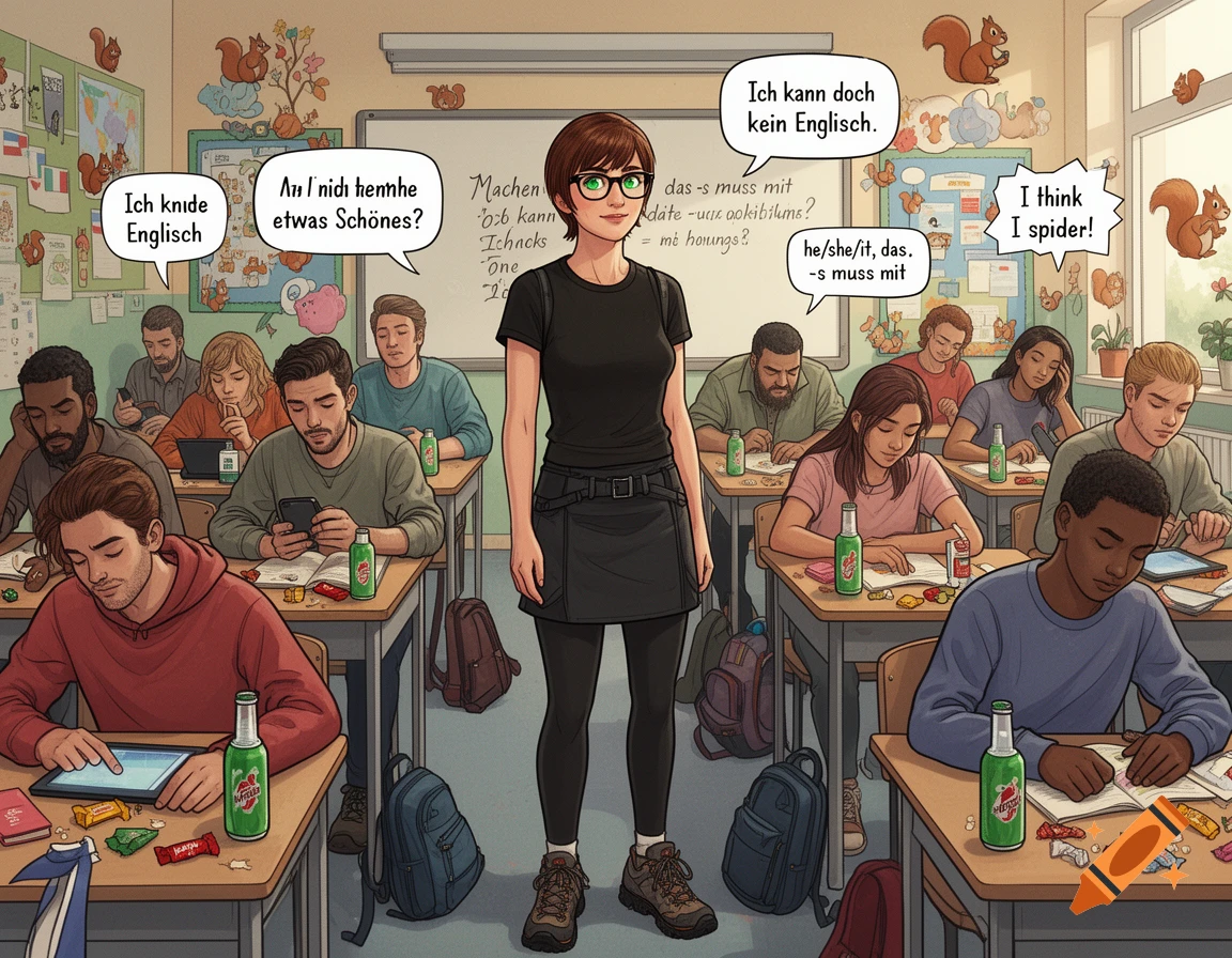 A cartoon illustration of a diverse English class with a teacher standing in the center. Students in the classroom are distracted, some on phones, one sleeping, and several have speech bubbles with text.