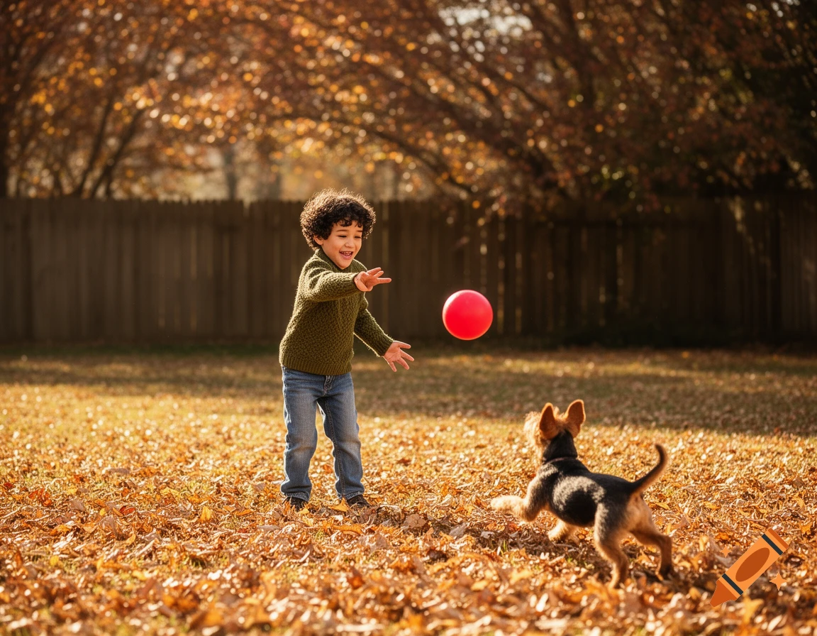 A young boy with curly hair throws a red ball to a small dog in an autumn yard filled with fallen leaves.