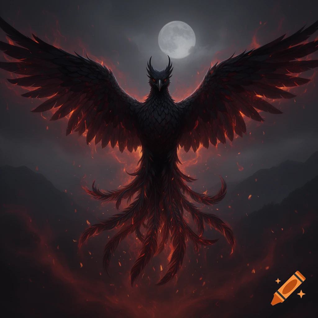 A majestic dark phoenix with fiery wings and tail against a full moon in a dark, smoky sky.
