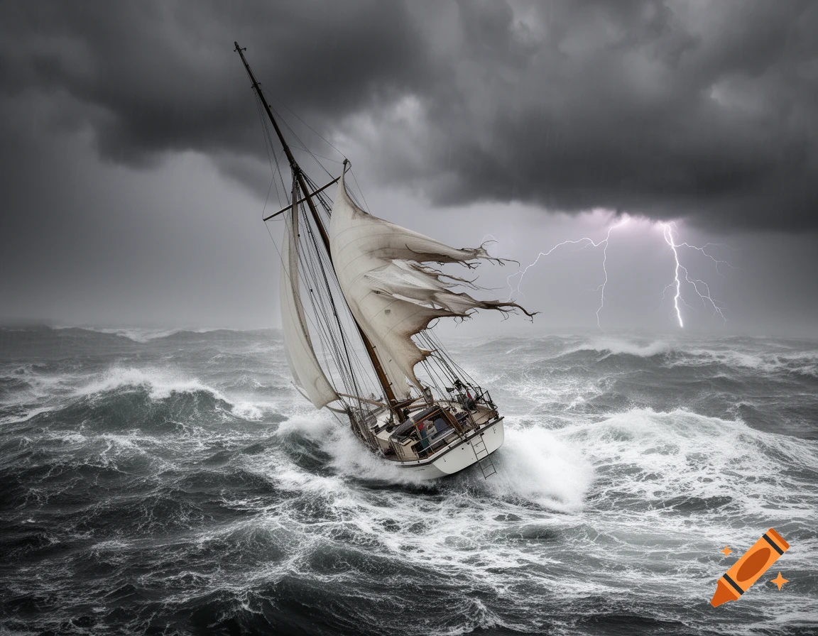 A sailboat with torn sails navigates large waves during a dark, stormy sea with lightning.