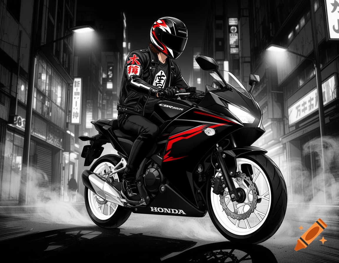 An anime-style image of a person in a helmet and black leather suit riding a black Honda CBR500R motorcycle with red and white accents in a grayscale city at night.