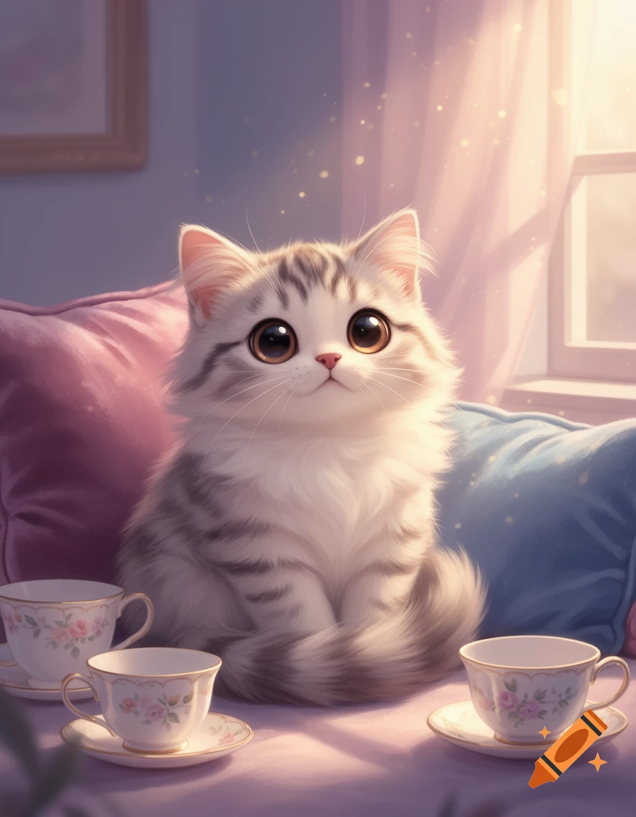 A fluffy white and grey tabby kitten with big eyes sits among pink and blue pillows and floral teacups, in a softly lit digital painting.