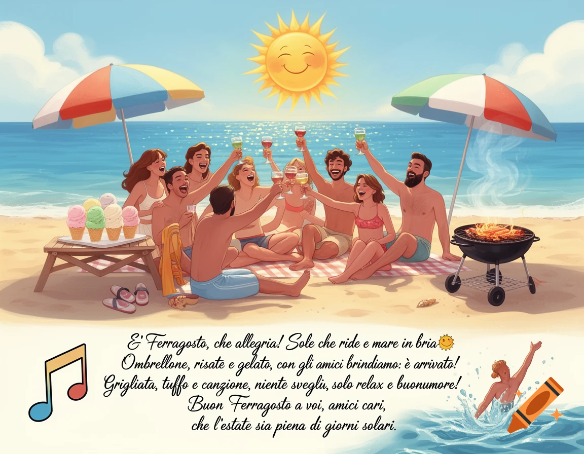 Cartoon illustration of friends celebrating Ferragosto on a sunny beach with ice cream, barbecue, drinks, and Italian text.