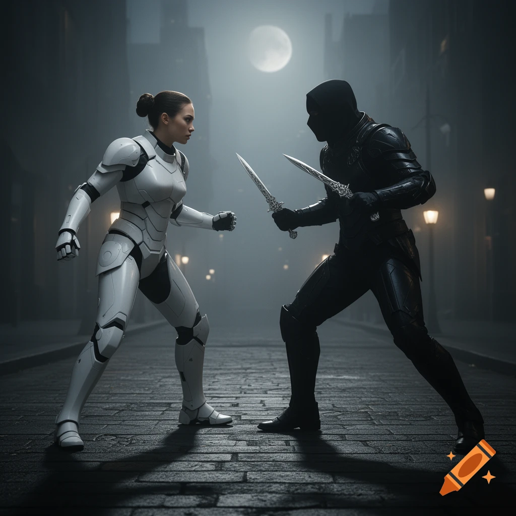 Two armored figures, one in white and one in black with daggers, face off on a foggy, moonlit city street at night.