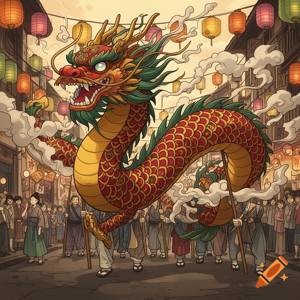 A vibrant illustration of a traditional red and gold Chinese parade dragon held by people, moving down a street lined with buildings and lanterns.