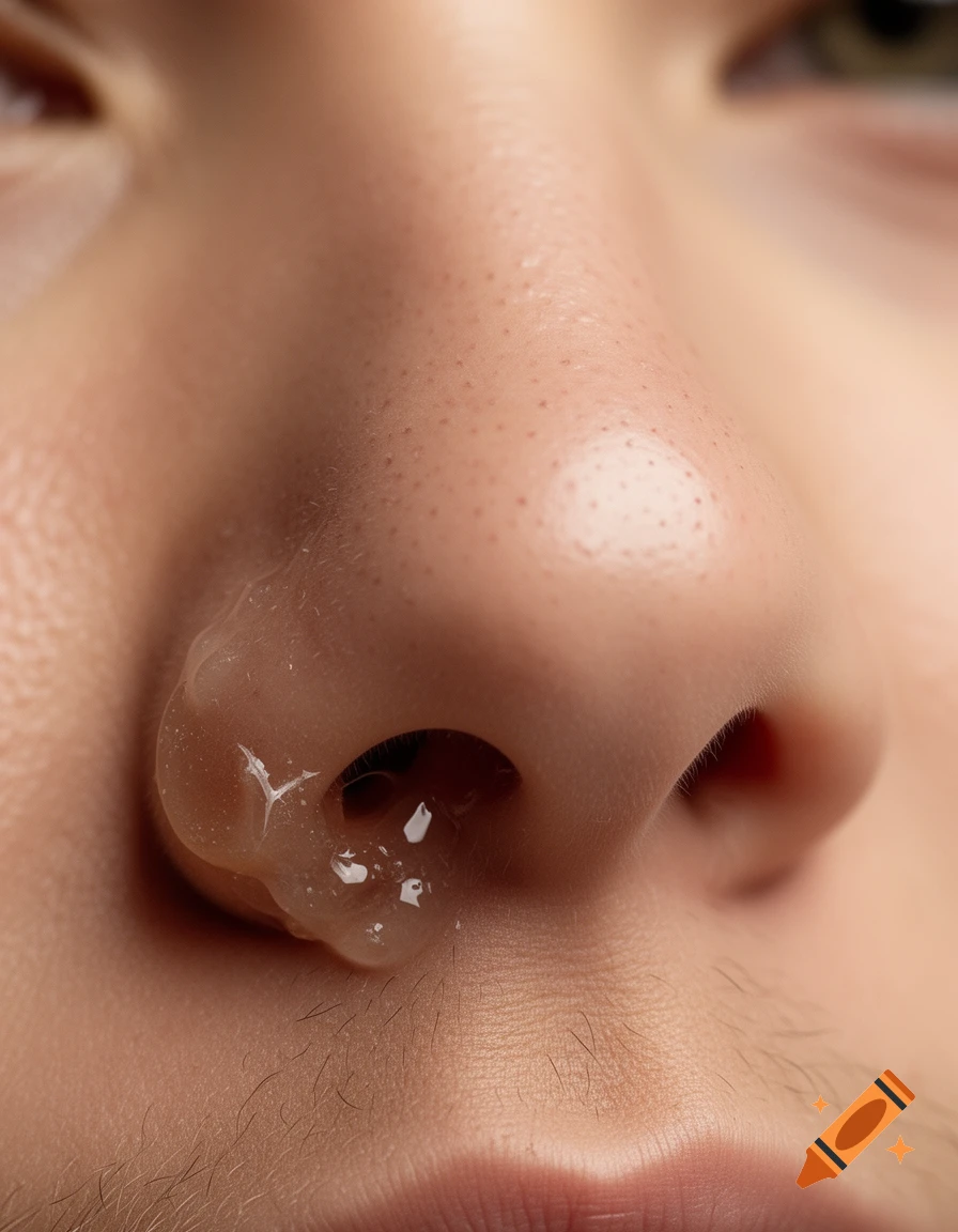 Photorealistic close-up of a human nose, with one nostril sealed by clear mucus while the other is clear.