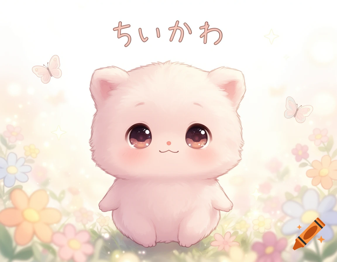 A fluffy pink cat-like creature with big eyes and rosy cheeks stands in a field of colorful flowers with butterflies, under Japanese text " ちいかわ".
