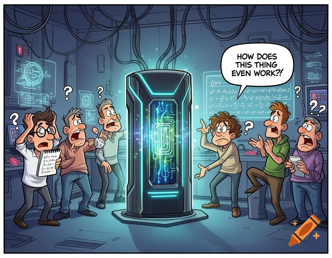 A funny cartoon depicts several puzzled scientists and engineers gathered around a glowing, complex quantum computer in a lab. One says, "HOW DOES THIS THING EVEN WORK?!"
