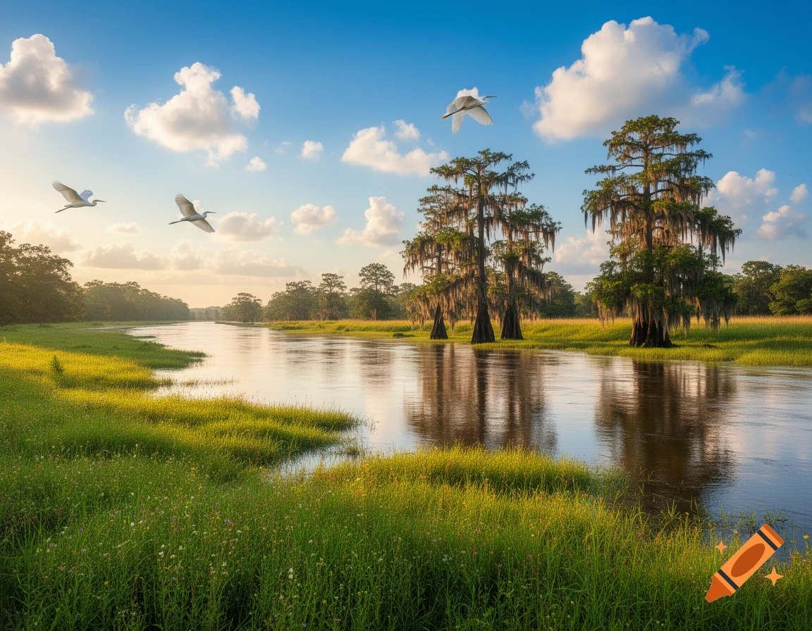 Sunny photorealistic landscape of a river bordered by green grass and cypress trees, with birds flying.