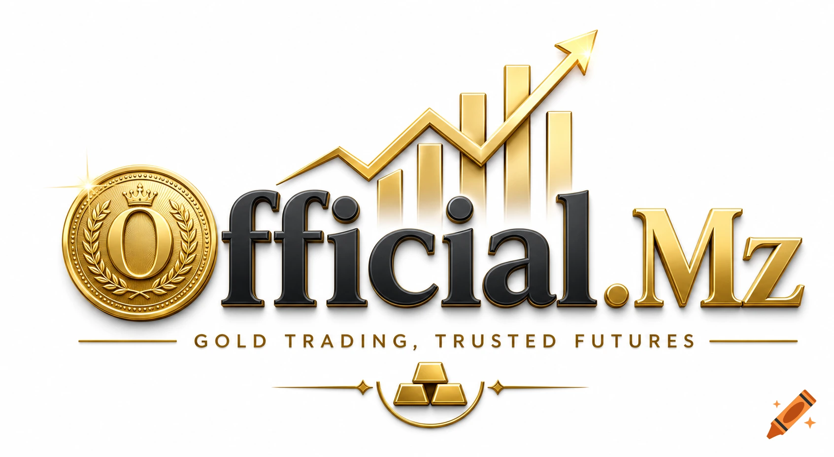 Gold and black logo "Official.Mz" with a gold coin, rising bar chart, and gold bars, advertising gold trading.