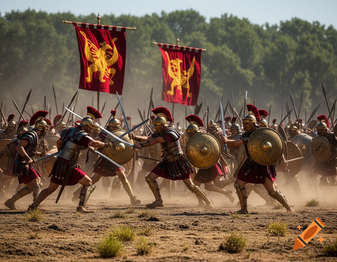 Photorealistic image of Roman soldiers clashing on a dusty battlefield under red and gold banners, with trees in the background.