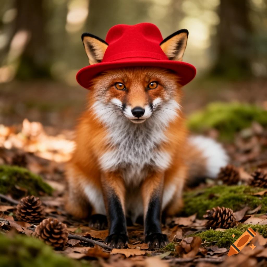 A photorealistic fox wearing a red hat sits among fallen leaves and pinecones in a forest.